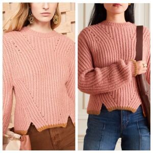 Ulla Johnson Lorena Rosewood Chunky Alpaca Knit Sweater Pink Trim XS Rare